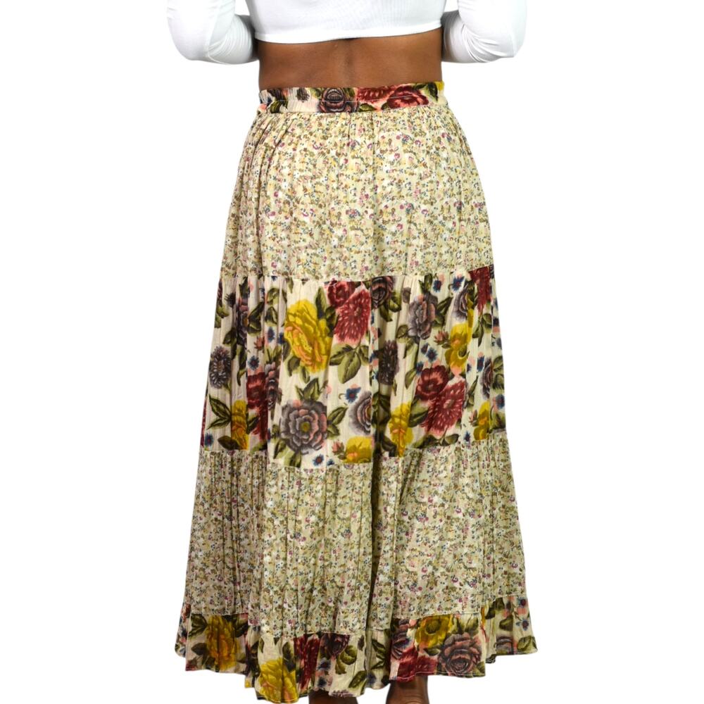 Vintage Tangibles Broomstick Skirt Tan Floral Tier Maxi Gauzy Rayon India Medium - Picture 2 of 16